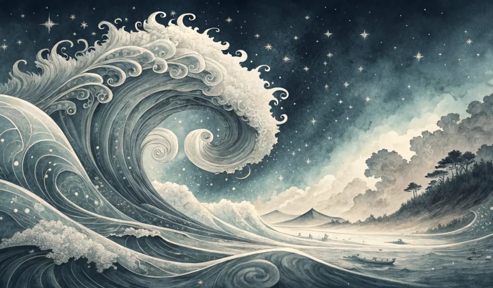 How to Say “A wizard astronomer debating a starfish about charting tides by cosmic wave pull” in Korean Stylized Korean ink painting of cosmic waves and tidal patterns under a moon above traditional rooft...