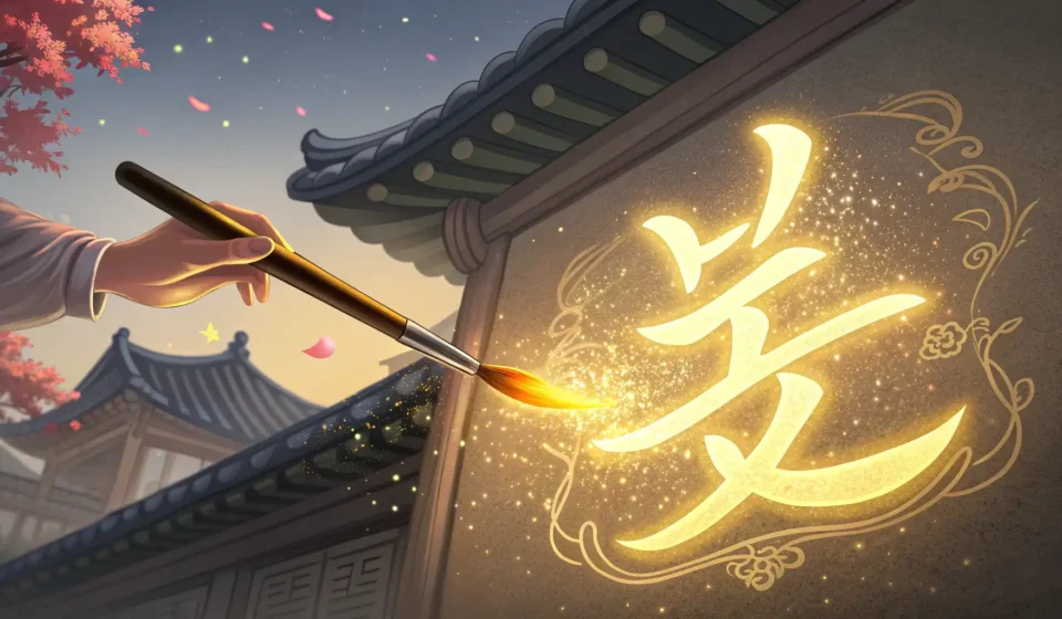 How to Say ‘A ghost librarian debating a fairy about shelving by twilight whisper glow’ in Korean Stylized image of a Korean calligraphy brush creating a glowing Hangeul character on Hanji paper aga...