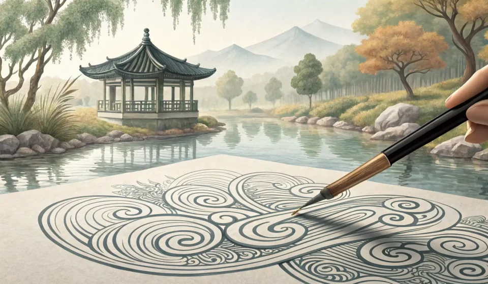 How to Describe Complex Scenarios in Korean: The Time-Traveling Bard Example Abstract Korean ink brush painting symbolizing the creation of complex descriptions in the Korean la...
