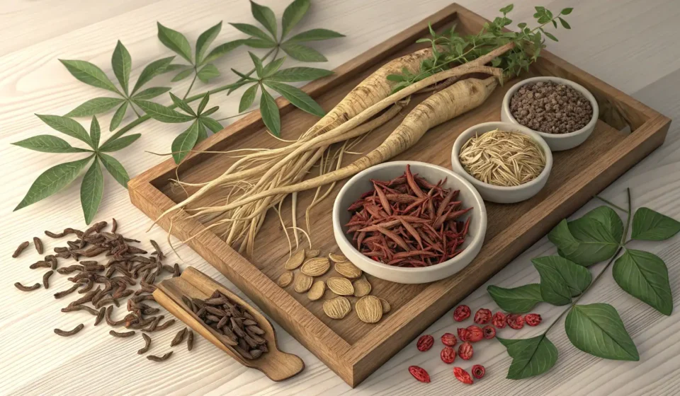 How to Say Acupuncture in Korean Dried herbs and roots arranged aesthetically, symbolizing traditional Korean medicine and the concep...
