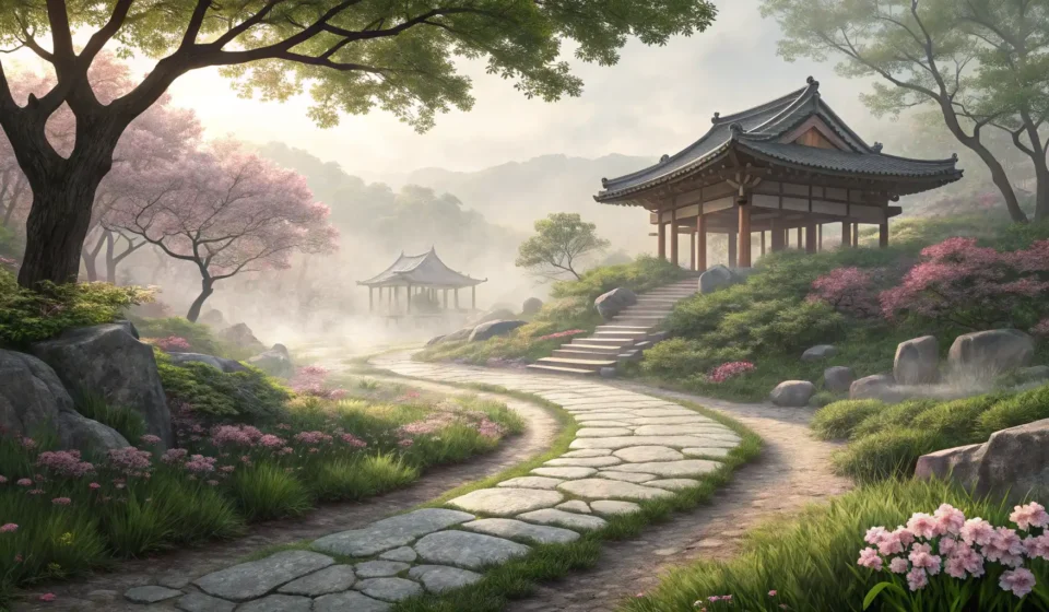 How to Say Acute Stress Disorder in Korean Illustration of a misty Korean temple garden path, representing learning complex Korean vocabulary f...