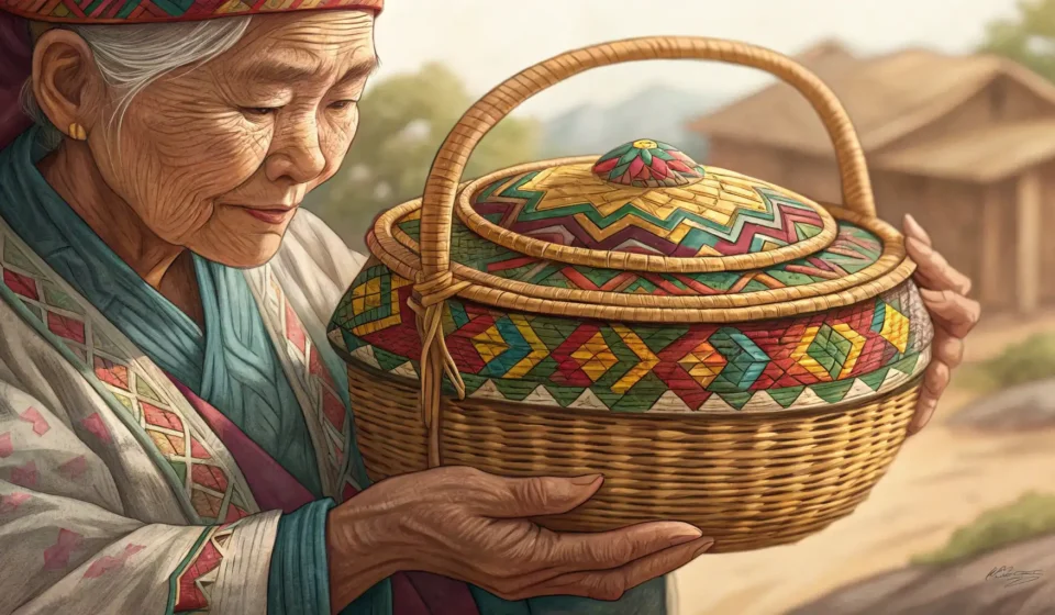 Asking About a Traditional Basket’s Story in Korean Close-up of a traditional Korean woven basket being examined by a tourist and vendor in a Korean mar...