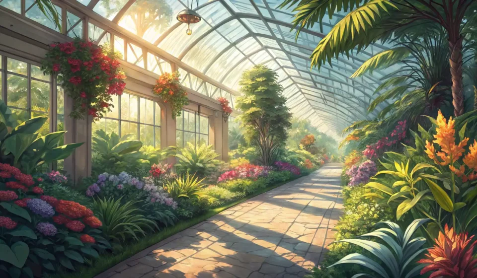 How to Say Visiting a Botanical Garden in Korean Sunlit path inside a botanical garden greenhouse filled with lush green plants and colorful flowers.