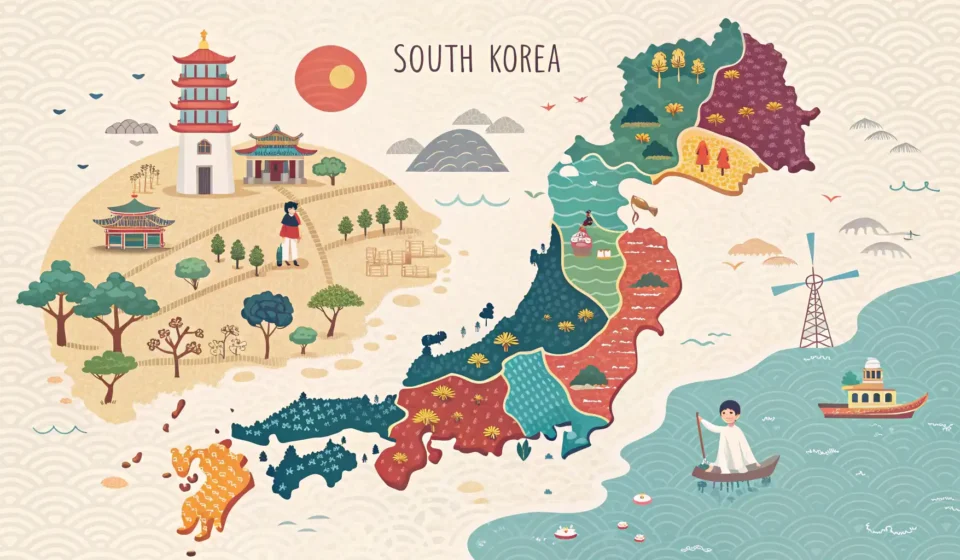 Learning the Names of Major Korean Cities and Provinces Stylized map of South Korea illustrating its different provinces and major metropolitan city regions...