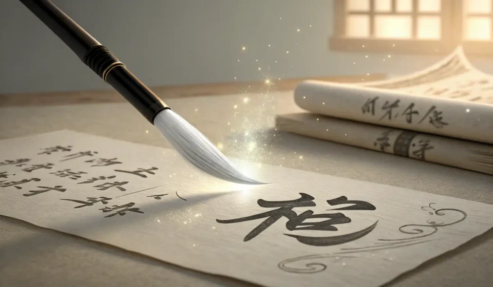 How to Describe a Wizard Detective Questioning a Talking Skull About a Missing Grimoire in Korean Korean calligraphy brush poised above paper with glowing abstract shapes, symbolizing the process of...