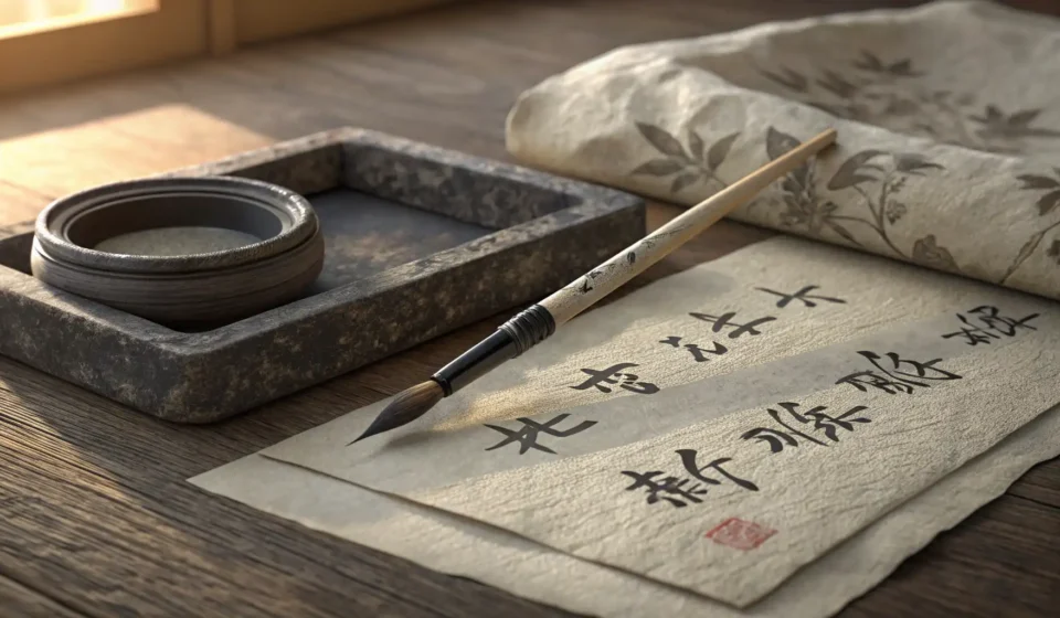 How to Say “A werewolf tailor debating a vampire about cloaks of midnight hue” in Korean A traditional Korean calligraphy brush and inkstone sit on Hanji paper under moonlight, representing...