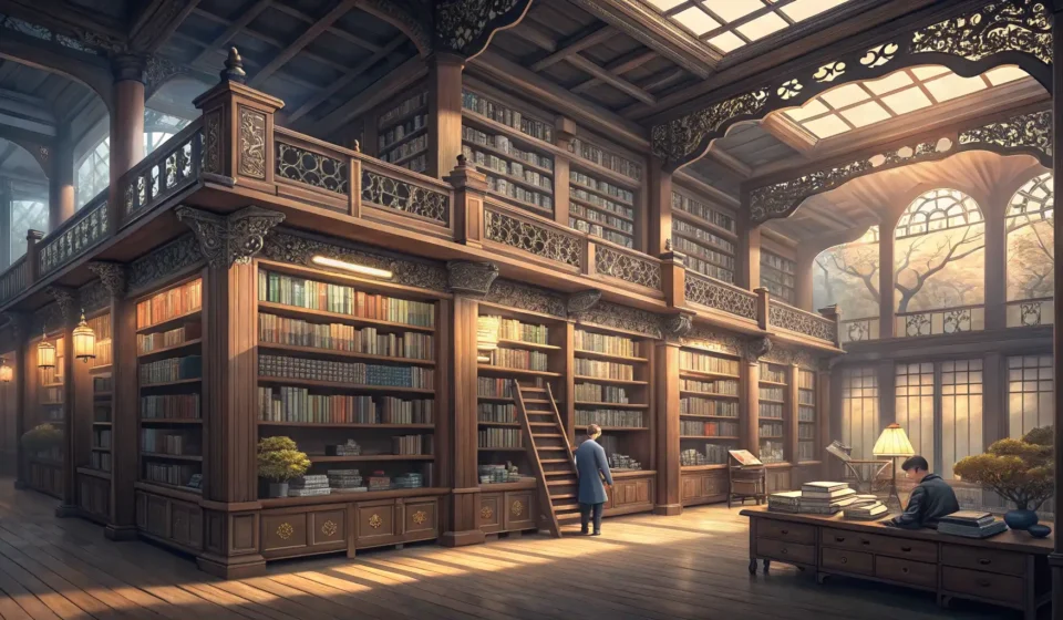 How to Say “A ghost librarian debating a fairy about shelving by twilight order” in Korean Illustration of Korean library bookshelves glowing mysteriously in twilight colors, representing lea...