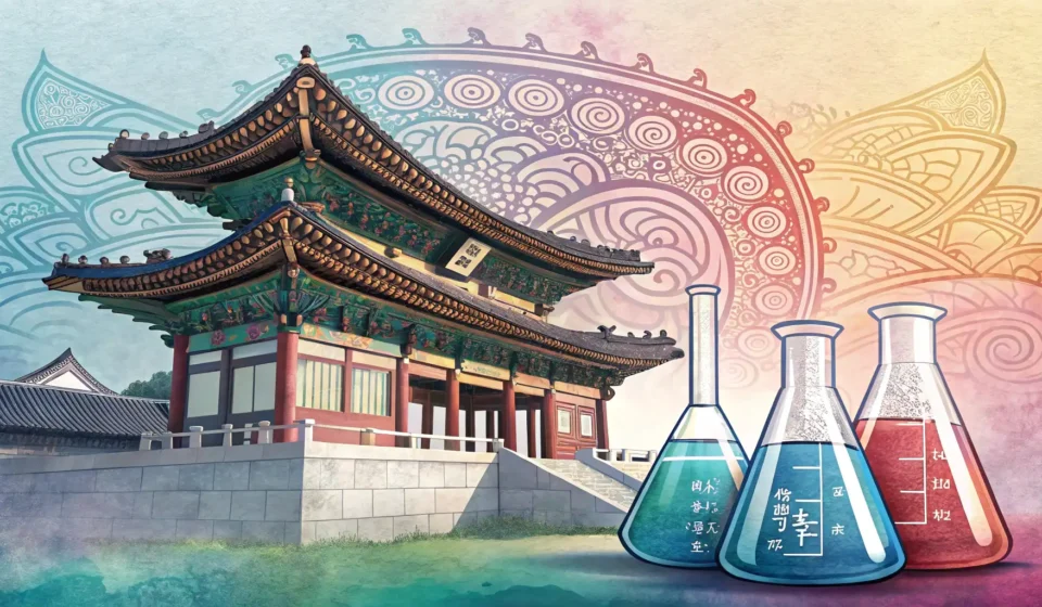 Understanding the Korean Cosmetic Ingredients Industry Abstract image combining Korean traditional patterns with scientific lab equipment holding cosmetic...