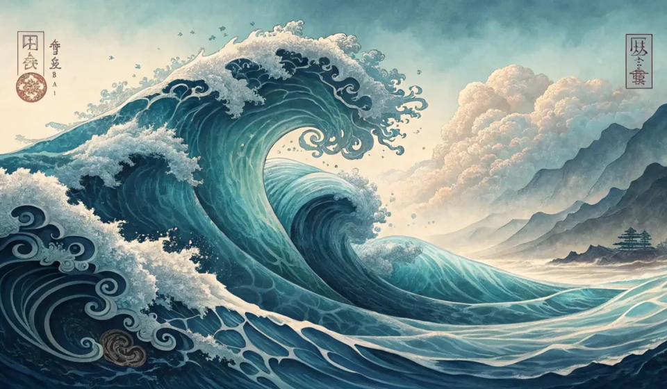 How to Say “A Ghost Sailor Debating a Mermaid About Steering by Phantom Tide Current Pull” in Korean Stylized Korean art depicting mystical ocean waves with hints of ghostly mist and mermaid scales, sy...