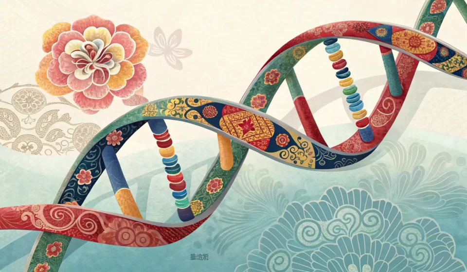 How to Say Genetic Testing in Korean Stylized illustration combining a DNA helix with traditional Korean patterns, representing the conce...