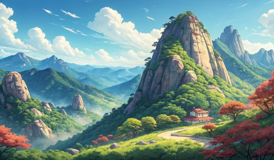 Hiking in the Mountains in Korean Illustration of a beautiful Korean mountain range, representing the topic of learning Korean vocabul...