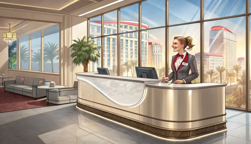 How to Check Into a Hotel in Korean Illustration of a welcoming hotel reception desk interaction, symbolizing the process of checking in...