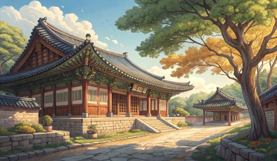 How to say Hyanggyo in Korean Illustration of a traditional Korean Hyanggyo building, showcasing classic Joseon Dynasty architectu...