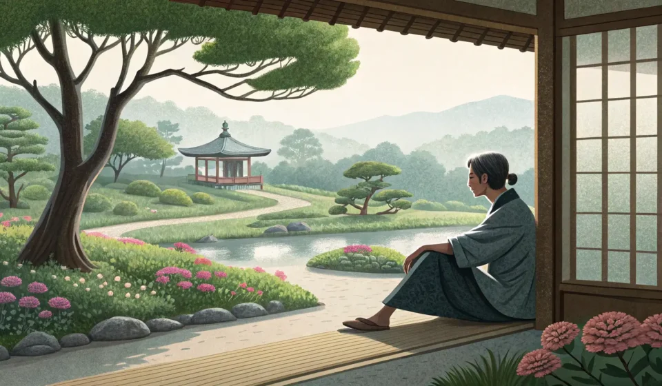 How to Say Irritable Bowel Syndrome (IBS) in Korean A person looking uncomfortable while sitting in a peaceful, traditional Korean setting, symbolizing...