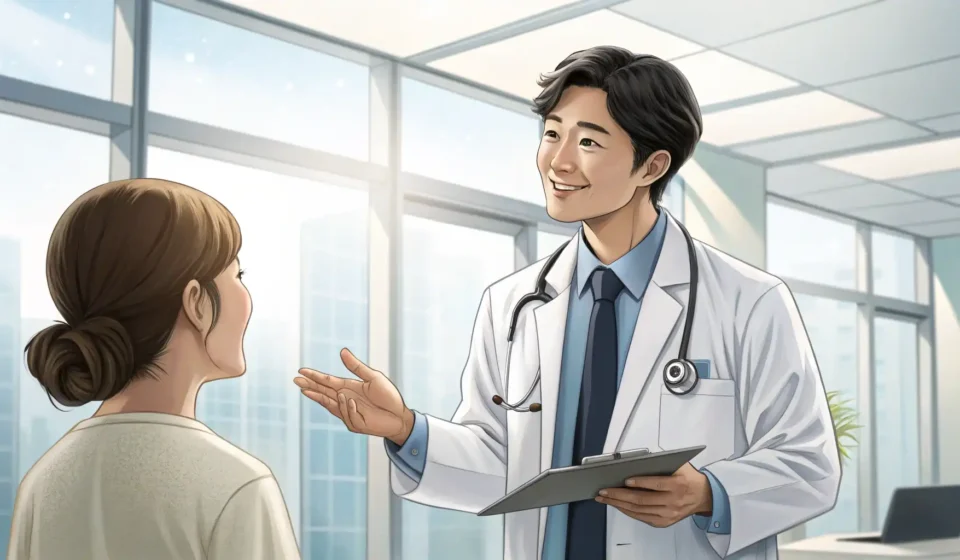 How to Say Kidney Transplant in Korean A Korean doctor in a bright consultation room discusses medical information, symbolizing learning Ko...