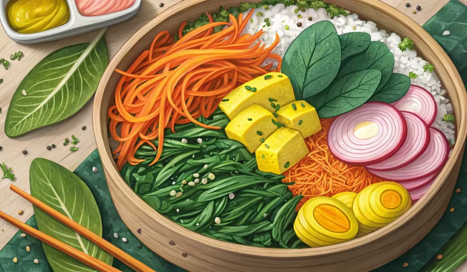 Learning How to Make Kimbap Overhead view of colorful, prepared Kimbap ingredients like carrots, spinach, radish, and egg arrang...