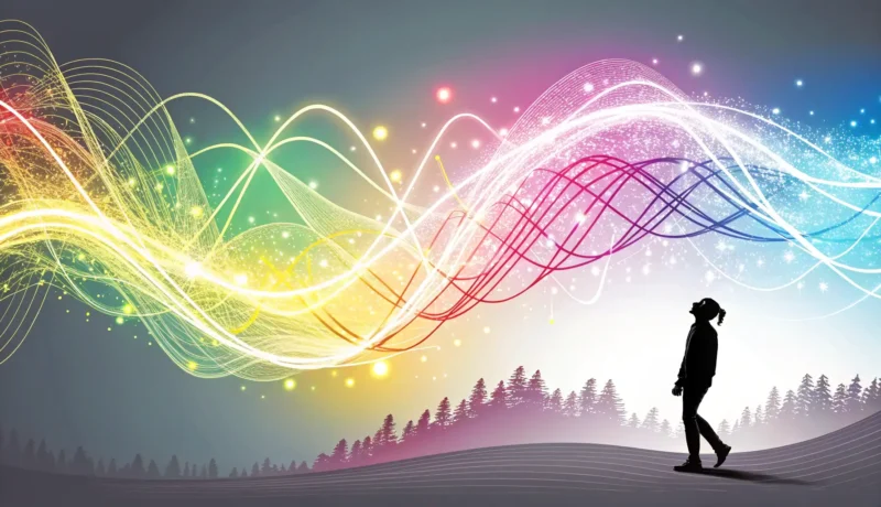 Discussing K-Pop in Korean Stylized digital art of colorful sound waves and light trails representing K-Pop energy above a mini...