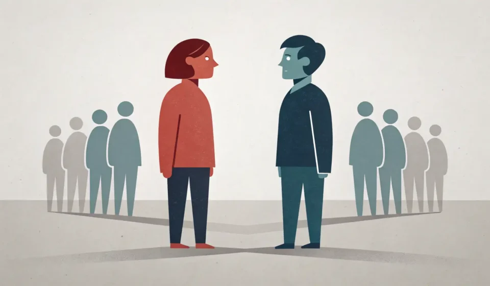 How to Say Labor Dispute in Korean Illustration symbolizing a Korean labor dispute, showing two opposing groups facing off against a su...