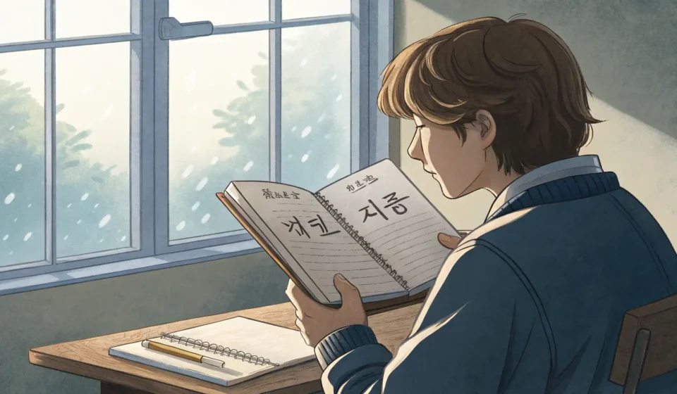 How to Say Orchitis in Korean Illustration representing learning Korean medical vocabulary, showing a person with a notebook in a...