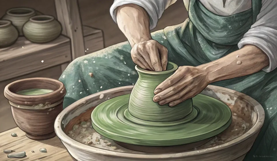 Learning Korean Traditional Crafts Hands shaping clay on a pottery wheel, representing the process of learning Korean traditional craft...