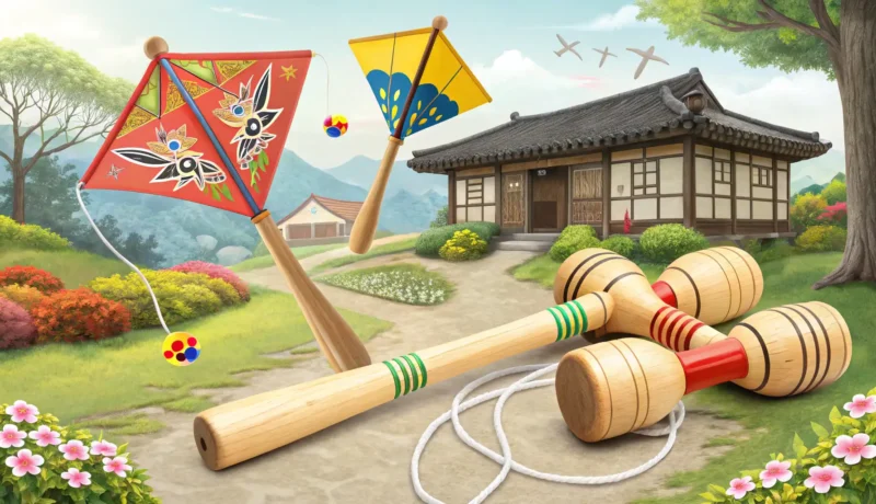 Learning Korean Traditional Games A colorful illustration featuring various Korean traditional game items like Yut sticks, a Jegi shut...