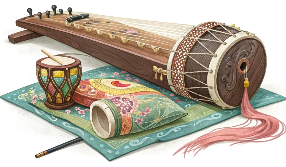 Learning Traditional Korean Music Illustration of traditional Korean musical instruments, including a Gayageum and Janggu, displayed i...