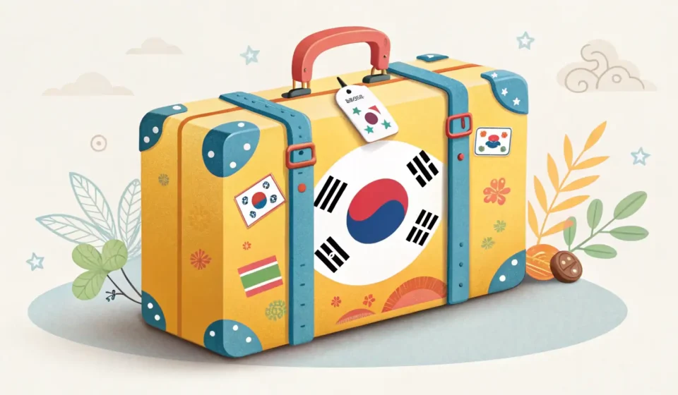 How to Say Travel Insurance in Korean Illustration symbolizing travel insurance for Korea: a suitcase near Gyeongbok Palace with a protect...