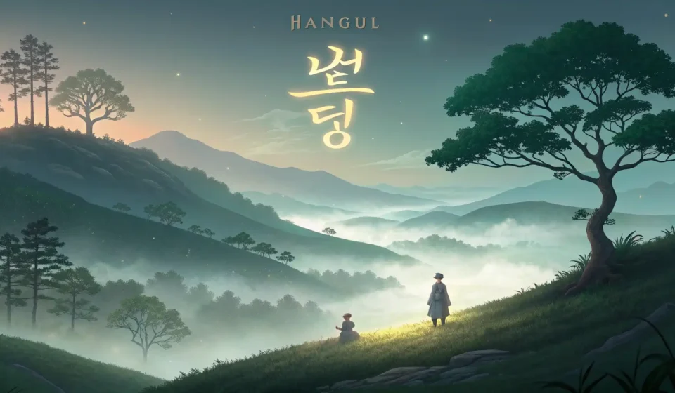 How to Say “A talking stone debating a lost gnome about the echoes of ancient chisels” in Korean Abstract glowing Korean Hangul characters float above a misty Korean mountain scene with an ancient...