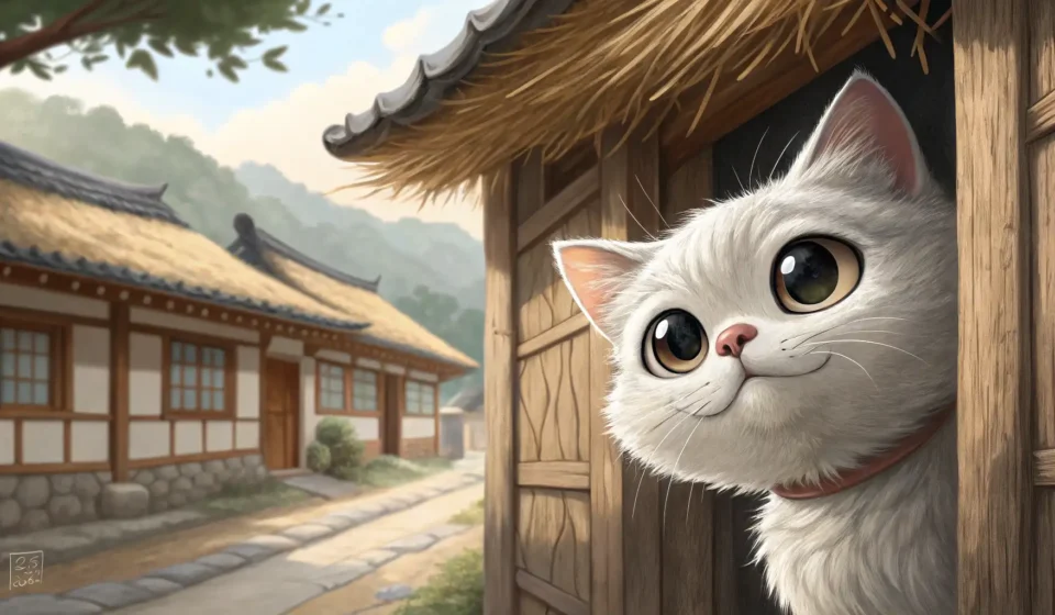 How to Say Cat in Korean A cute cat next to a traditional Korean building, symbolizing the topic of learning the Korean word...