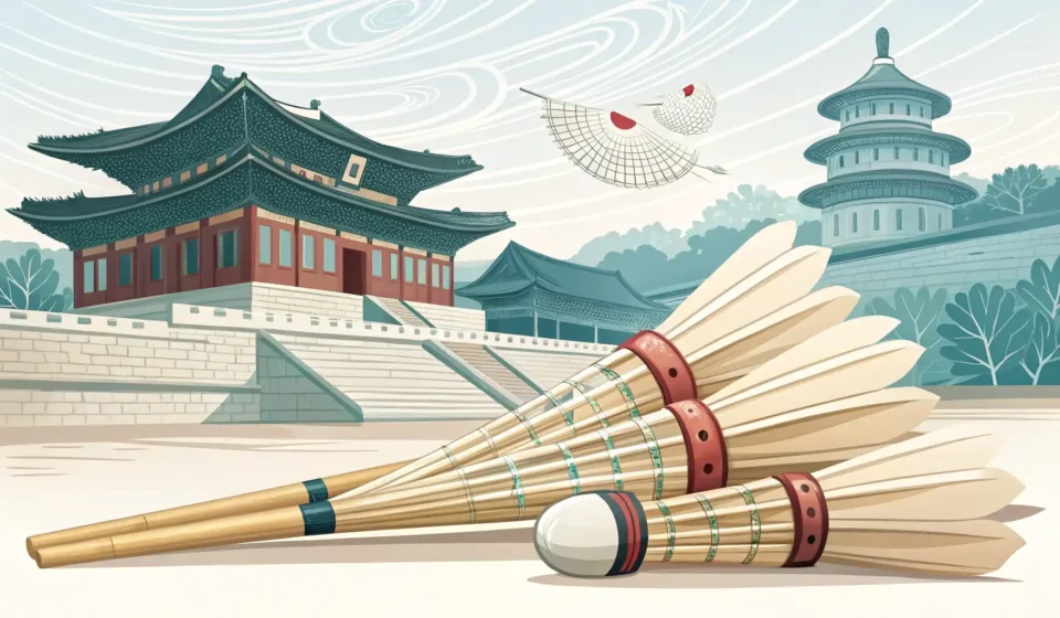 Learning Korean Traditional Games Illustration of various traditional Korean game items like Yut Nori sticks, Jegichagi, Tuho, and Gon...