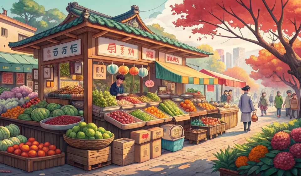 How to Say Local Production in Korean Illustration of a Korean market stall brimming with fresh local vegetables and fruits, representing...