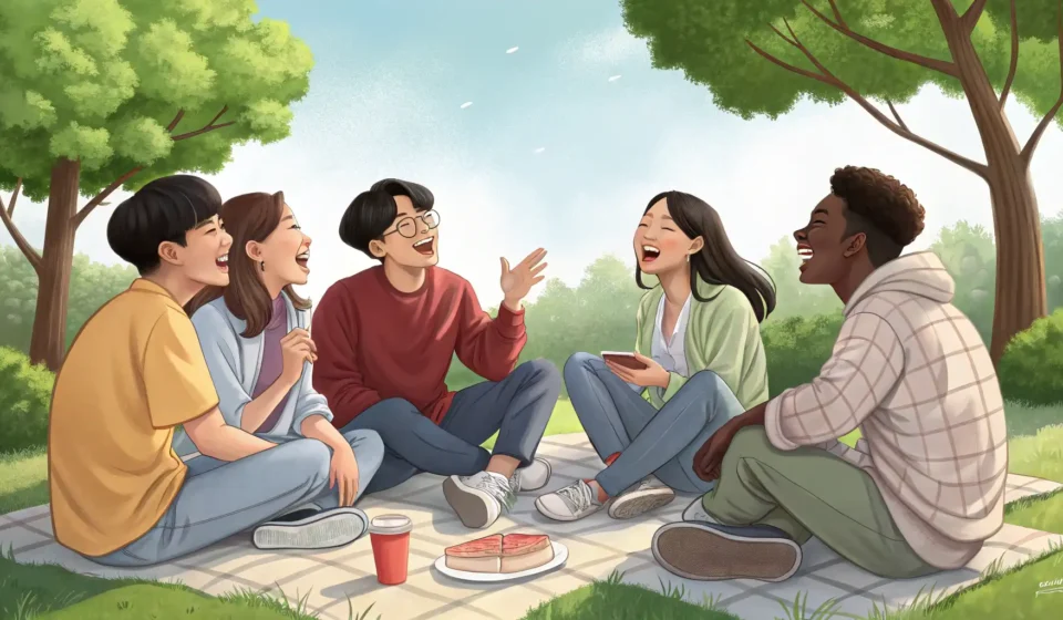 Making Korean Friends Illustration of a diverse group of young friends happily socializing together in a park in Seoul, re...