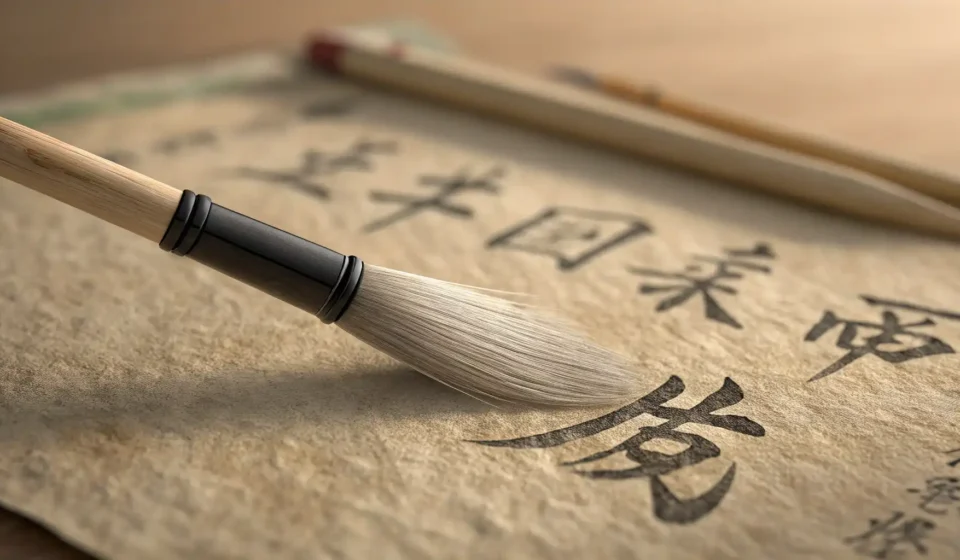 Creating a Korean Name A traditional Korean calligraphy brush writing a Hangeul character on paper, symbolizing the process...