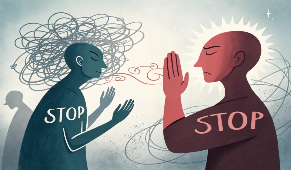 How to Mediate a Street Fight in Korean Illustration of a hand gesturing 'stop' to mediate between two arguing figures on a Korean street, s...