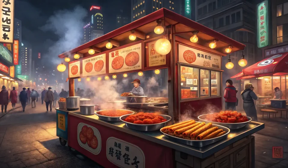 How to Order Street Food in Korean A brightly lit Korean street food stall at night displaying popular snacks like tteokbokki, twigim,...