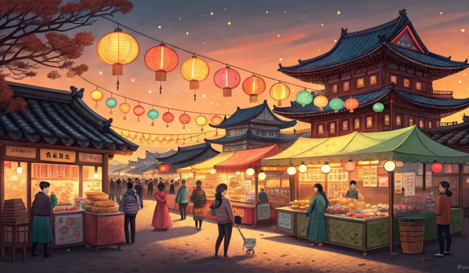 Participating in Local Festivals in Korea A lively Korean local festival at dusk, illuminated by colorful hanging paper lanterns, capturing th...