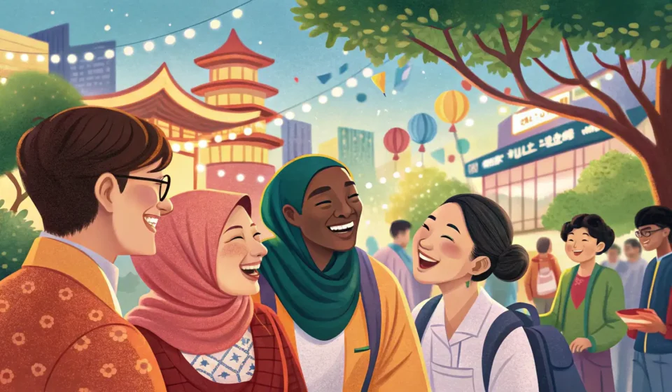 Participating in Events for Foreigners in Korean Illustration depicting a diverse mix of foreigners and Koreans happily socializing at a cultural eve...