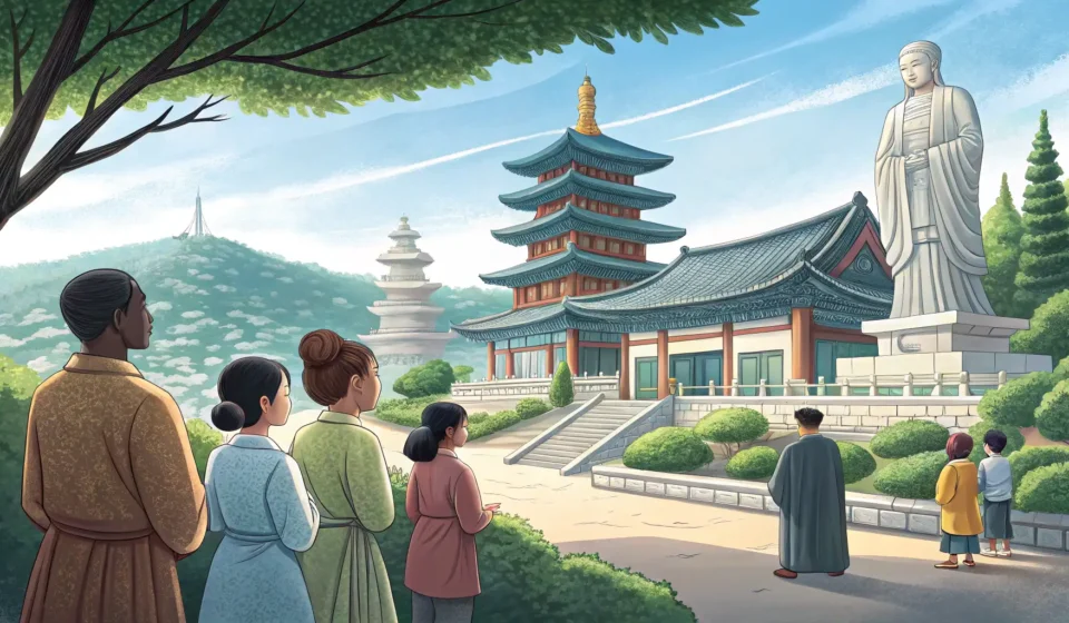 Participating in Religious Events in Korean Illustration depicting diverse individuals respectfully observing near symbolic Korean religious bui...