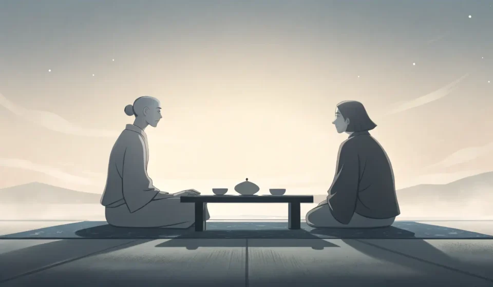Understanding Psychotherapy in Korean Illustration of two abstract figures in a calm, minimalist Korean-style room, symbolizing a supporti...