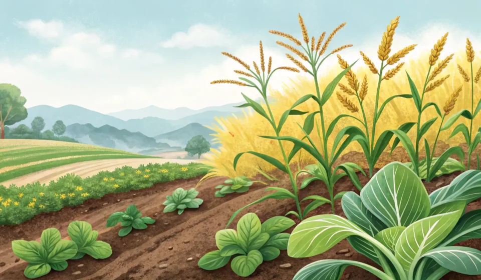 How to Say Regenerative Agriculture in Korean Illustration depicting healthy, diverse crops growing in rich soil, symbolizing regenerative agricul...