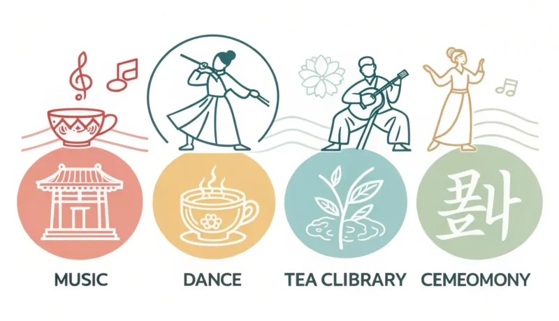 How to Register for a Cultural Class in Korean Icons representing Korean cultural classes like pottery, kimchi making, fan painting, and calligraph...