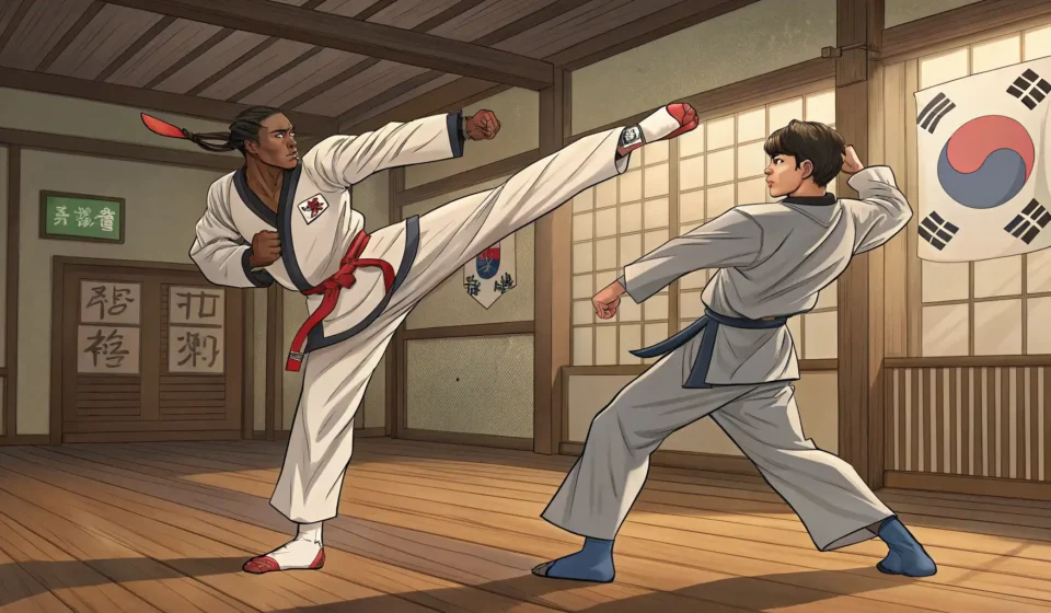 How to Register for Taekwondo Classes in Korean Two people practicing dynamic Taekwondo kicks in a traditional Korean dojang, symbolizing registerin...