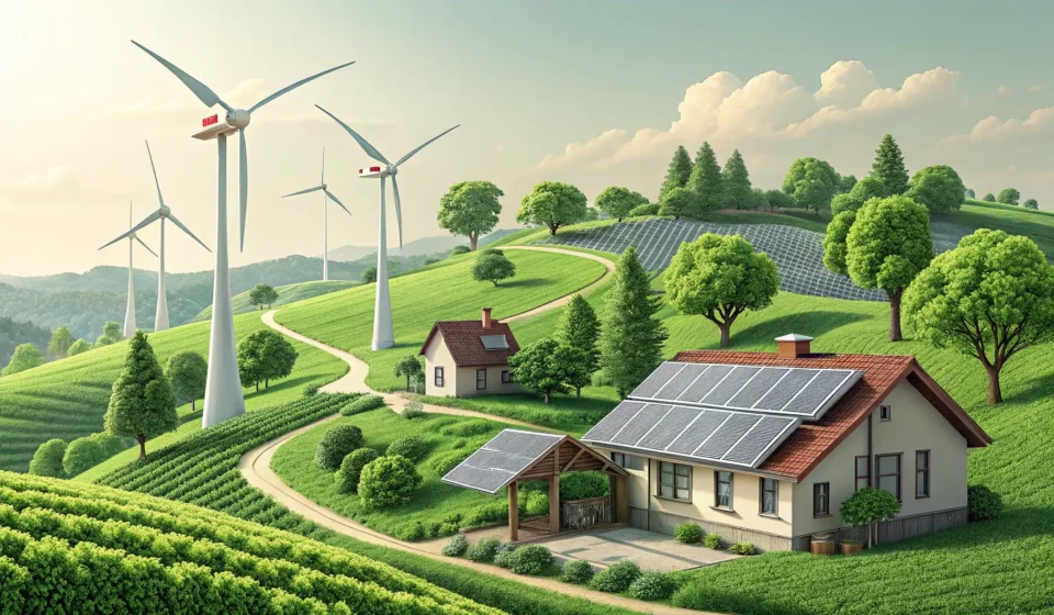 How to Say Renewable Energy in Korean Illustration of wind turbines and solar panels in a green Korean landscape, representing the concept...