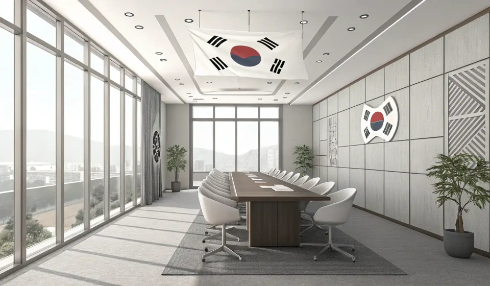 Reporting a Broken Light in a Korean Office Illustration of a modern Korean office conference room with one ceiling light out, symbolizing repor...