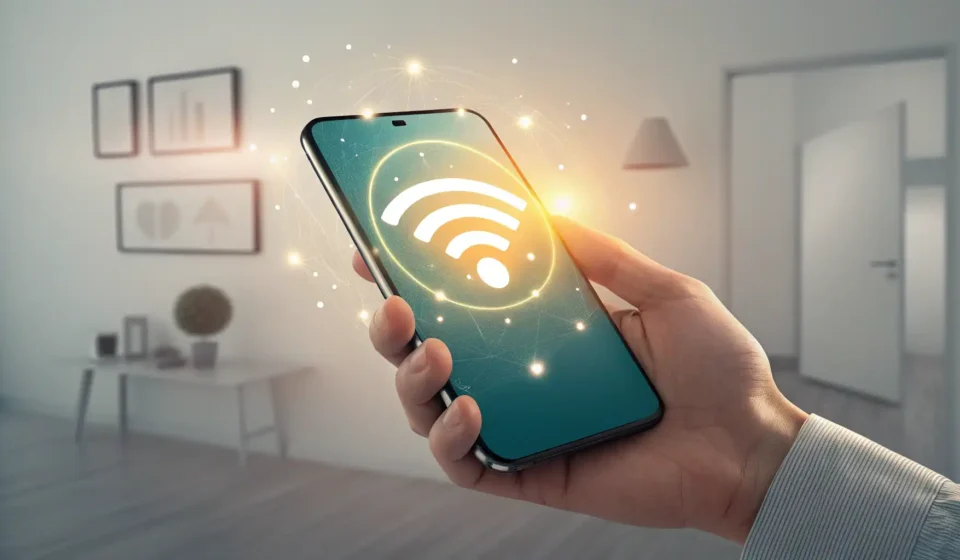 How to Request Internet Installation in Korean Illustration symbolizing requesting internet service in Korea, showing a hand holding a smartphone w...