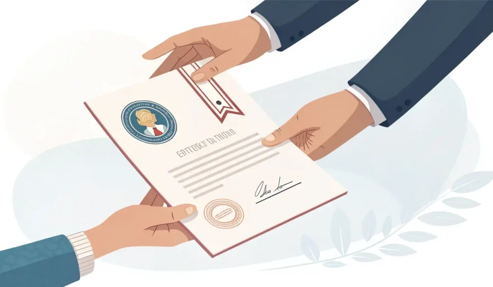 How to Request a Tax Invoice in Korean Illustration showing hands exchanging an official document over a counter, symbolizing requesting a...