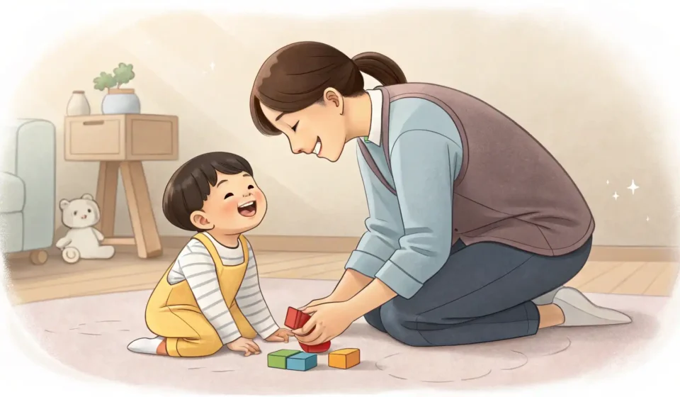 Requesting Childcare Services in Korean Illustration of a Korean caregiver playing with a child, symbolizing requesting childcare services i...