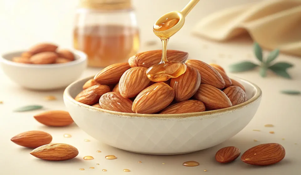 How to Say Almond in Korean Close-up of Korean honey butter almonds in a ceramic bowl, representing the Korean learning topic of...