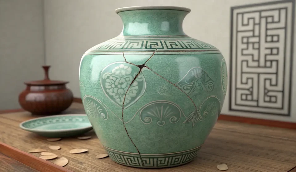 How to Say Domestic Violence in Korean A cracked traditional Korean celadon vase symbolizing the sensitive topic of domestic violence discu...
