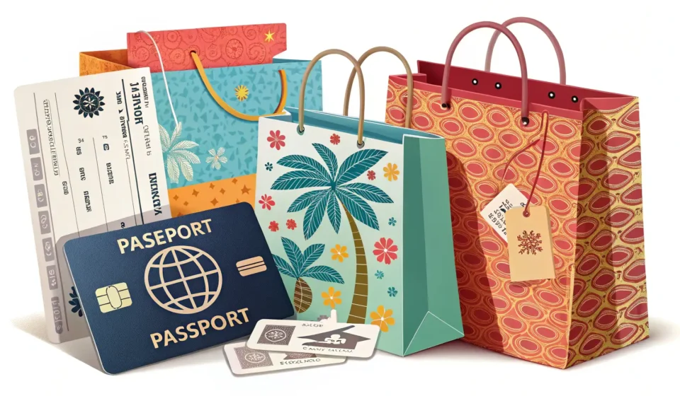 How to Say Duty-Free in Korean Illustration symbolizing duty-free shopping in Korea, showing shopping bags alongside a passport and...